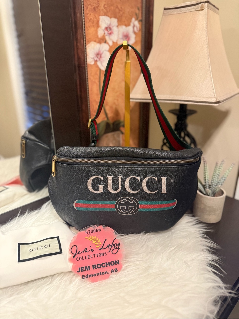 Gucci Black Leather Logo Belt Bag with Green-Red Stripe